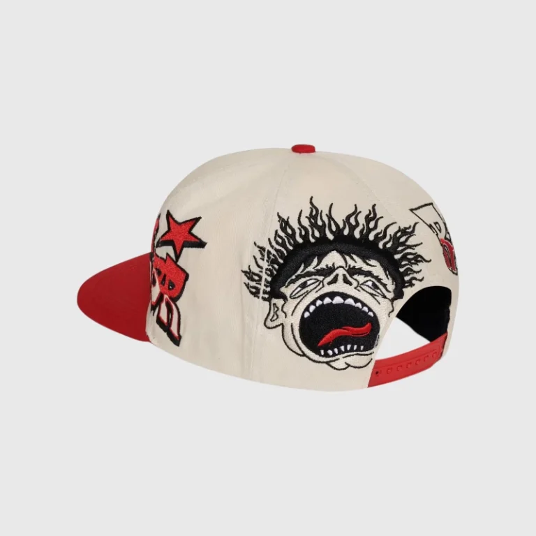 Hellstar Records snapback hat in a red and white colorway with a retro-inspired graphic print and adjustable closure.