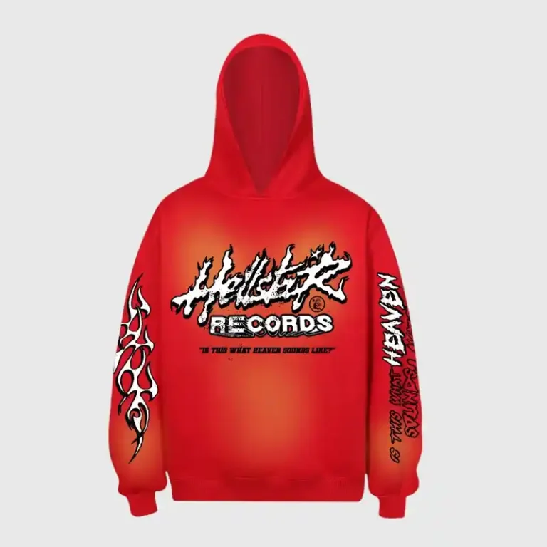 Red Hellstar Records Lava pullover hoodie featuring a bold graphic print on the front and flame designs on the sleeves.