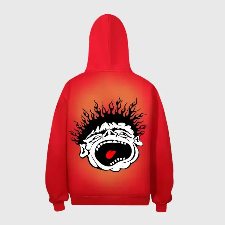Back view of the vibrant red Hellstar Records Lava pullover hoodie featuring a fiery graphic print on the back.