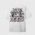 Back view of a white Hellstar Records T-shirt featuring a bold Life Or Death distressed graphic print design.