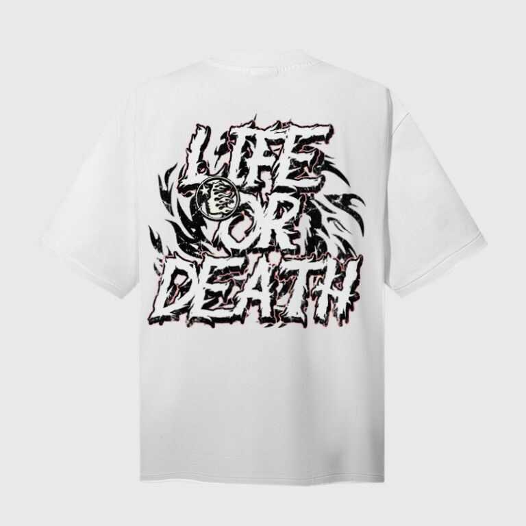 Back view of a white Hellstar Records T-shirt featuring a bold Life Or Death distressed graphic print design.