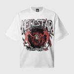 White Hellstar Records graphic print t-shirt featuring a flaming vinyl record and skull design, front view.