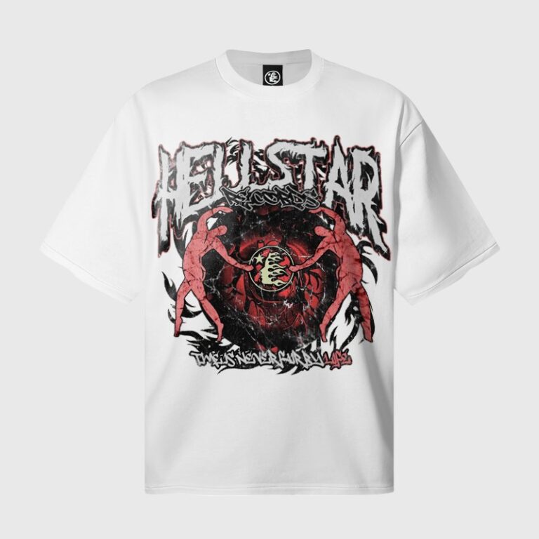 White Hellstar Records graphic print t-shirt featuring a flaming vinyl record and skull design, front view.