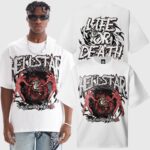 Hellstar Records white t-shirt featuring a front and back screen-printed graphic of a fiery vinyl record and figures.