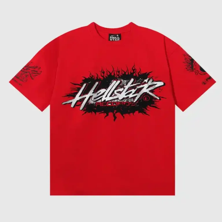 Front view of the red Hellstar Records graphic T-shirt, featuring a vintage-washed 100% cotton unisex design.