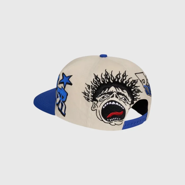 Hellstar Records snapback hat in blue and white with streetwear graphic embroidery and adjustable back strap closure.