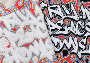 Close-up view of the beige Hellstar Records T-shirt featuring a vibrant, distressed graffiti-style graphic print.