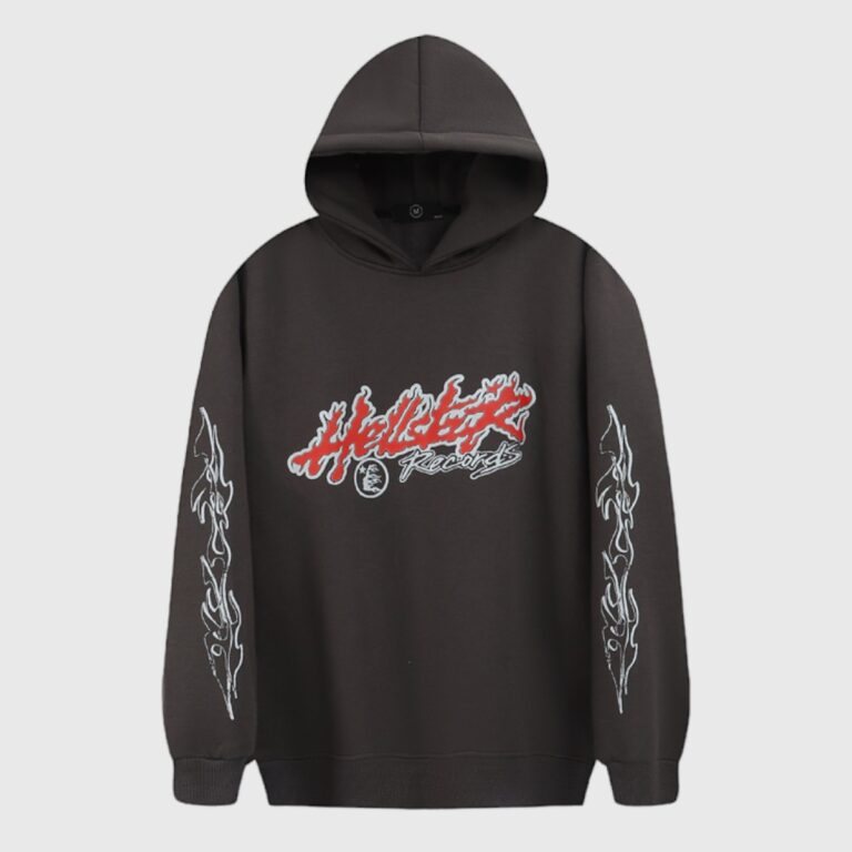 Hellstar Records Tour Flame Hoodie in Jet Black with red logo and graphic sleeves, featuring premium streetwear style.