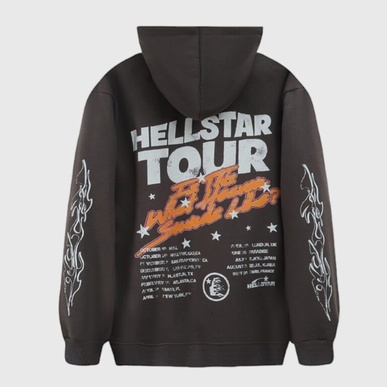 Back view of the Hellstar Records Tour Flame Hoodie in jet black with a large graphic print on the rear.