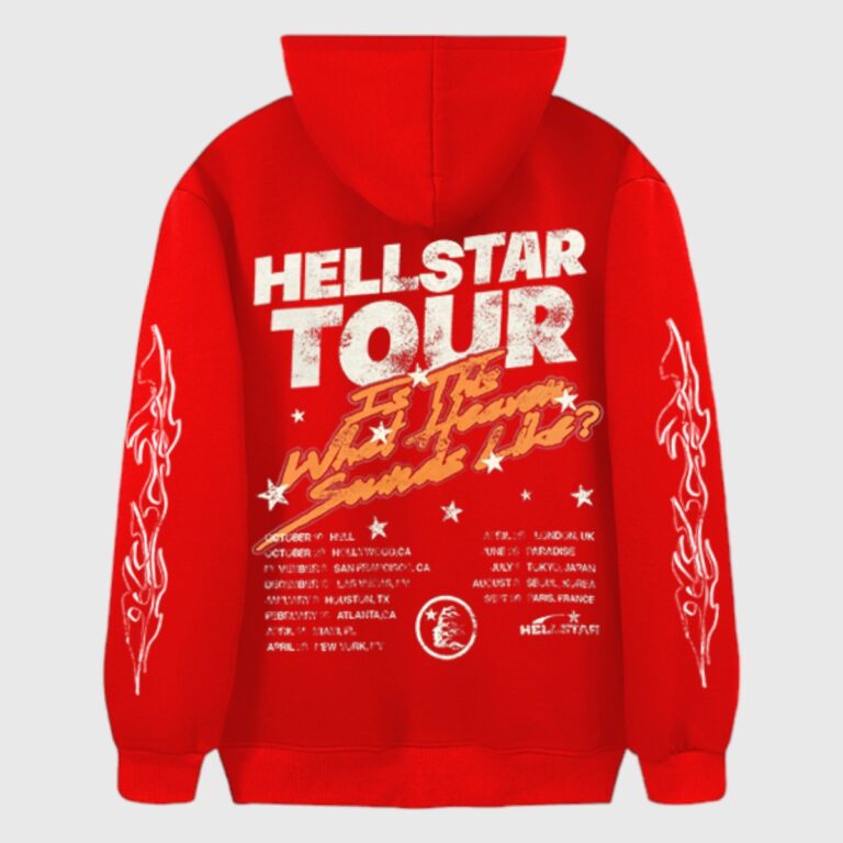 Back view of the red Hellstar Records Tour flame print hoodie with concert dates and tour graphic on the back.