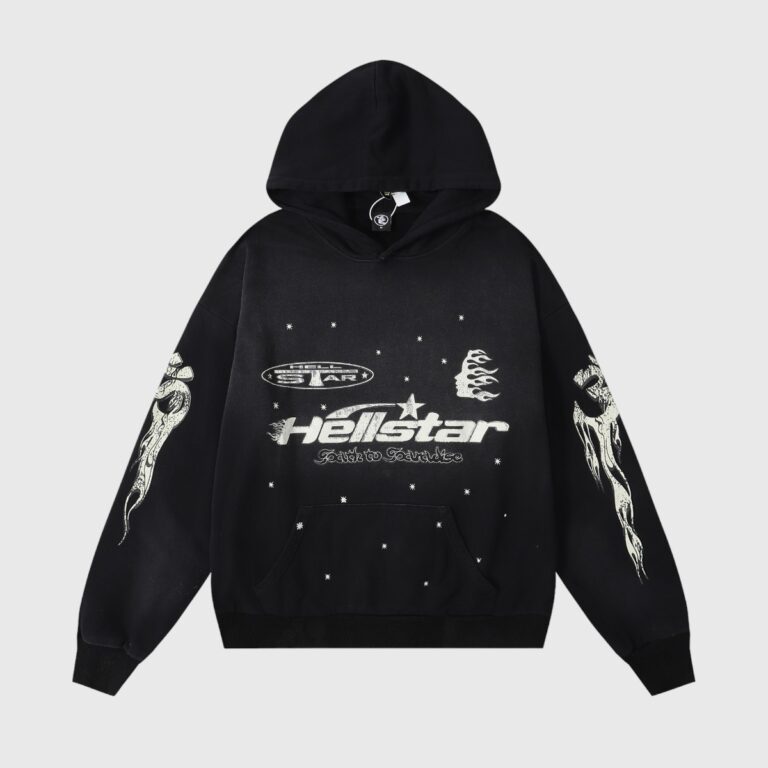 Hellstar Records vintage black hoodie featuring a star graphic and unique flame sleeve designs for streetwear style.