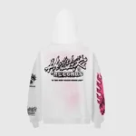 Back view of the Hellstar Records white hoodie featuring a graphic logo print and pink flame sleeve designs.