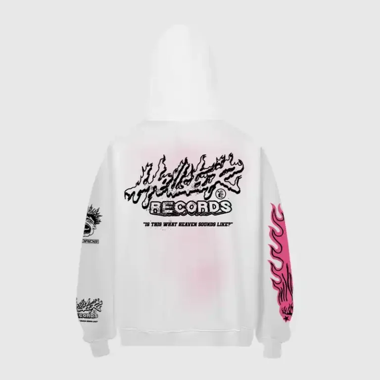 Back view of the Hellstar Records white hoodie featuring a graphic logo print and pink flame sleeve designs.