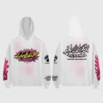 Front and back view of the white Hellstar Records hoodie with graphic screen prints and flame details on sleeves