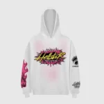 Front view of the premium Hellstar Records hoodie in white with graphic screen prints on the chest and sleeves.