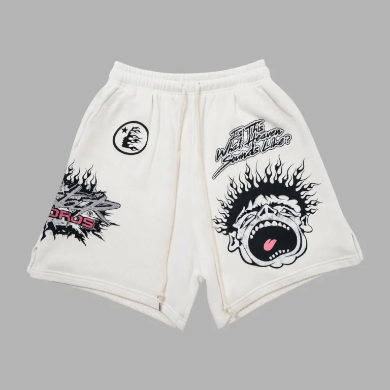 Premium heavyweight Hellstar Records white cotton fleece shorts featuring distinctive black and pink graphic screen prints.
