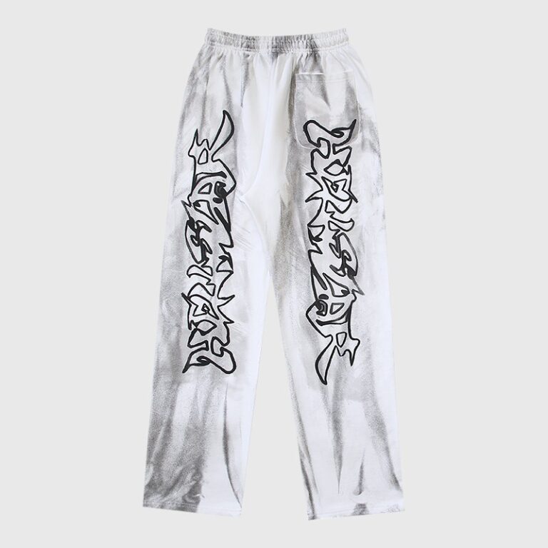 Front view of the white Hellstar Records star pant with a relaxed fit, graphic screen print, and drawstring closure.