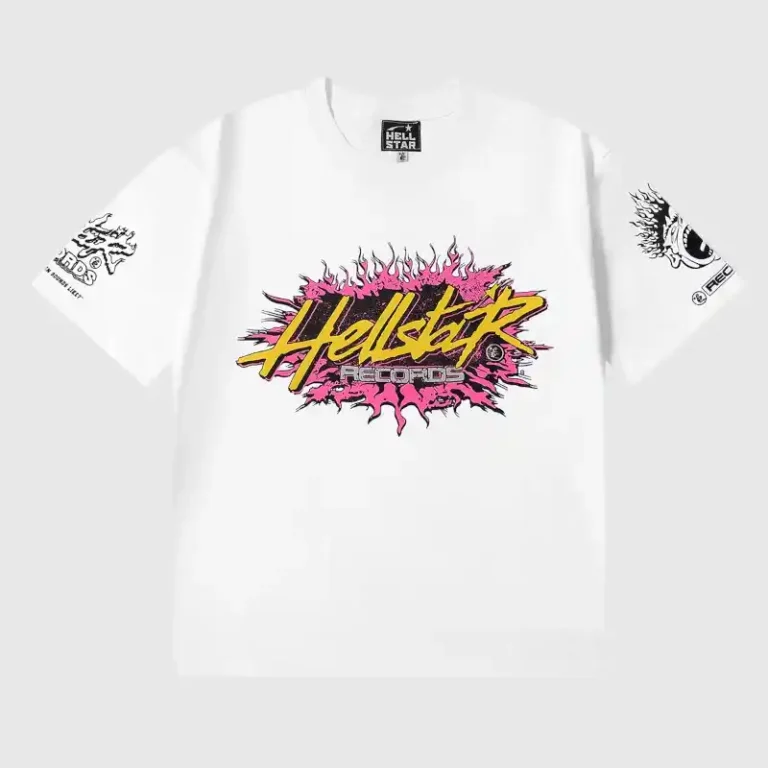 Front view of the Hellstar Records T-Shirt in white, featuring a premium 100% cotton vintage washed graphic design.