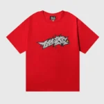 Front view of the red Hellstar Crack Print T-shirt with premium cotton fabric and a distressed vintage graphic logo.