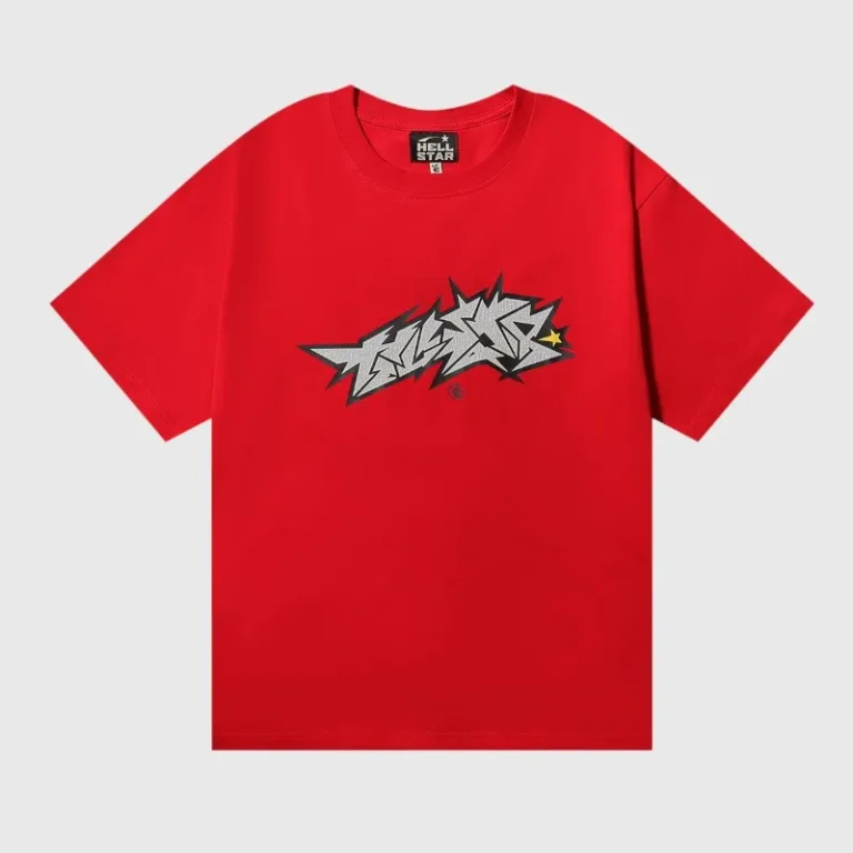 Front view of the red Hellstar Crack Print T-shirt with premium cotton fabric and a distressed vintage graphic logo.