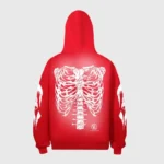 Red Hellstar Halloween hoodie featuring a white skeleton rib cage graphic print on the back for a spooky streetwear look