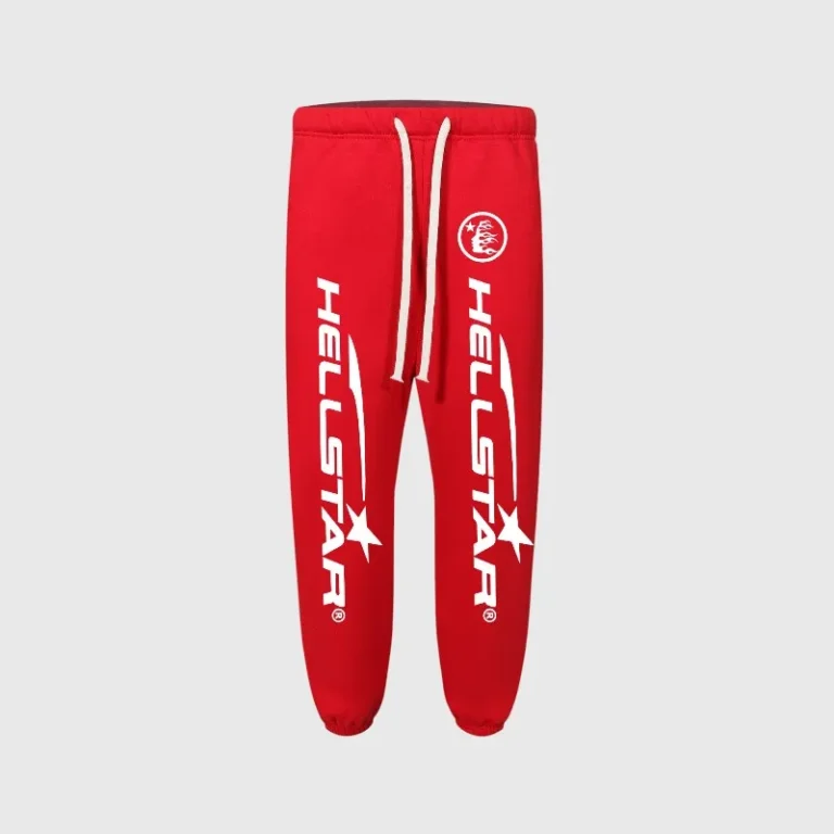 Bright red Hellstar print logo sweatpants featuring a drawstring waist and white graphic branding on the front legs.