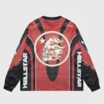Hellstar Red Sports Logo Mesh Long Sleeve Tee featuring a vibrant red and black athletic design with graphic detailing.