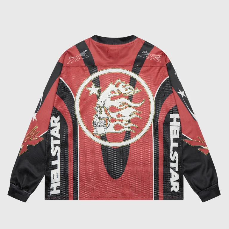 Hellstar Red Sports Logo Mesh Long Sleeve Tee featuring a vibrant red and black athletic design with graphic detailing.