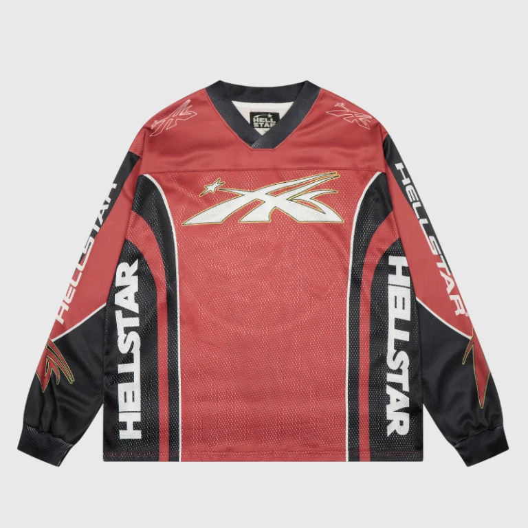 A Hellstar red sports logo mesh long sleeve tee with athletic graphic prints and black mesh accents for streetwear style.