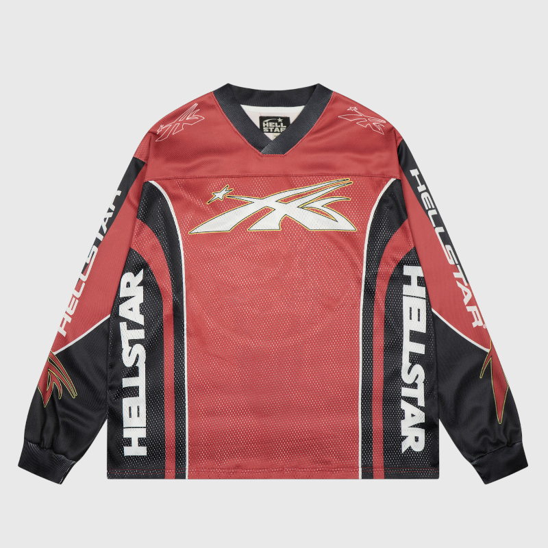 Hellstar Red Sports Logo Mesh Long Sleeve Tee A Hellstar red sports logo mesh long sleeve tee with athletic graphic prints and black mesh accents for streetwear style.