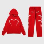 Stylish Hellstar Sports red tracksuit set featuring a comfortable hoodie and matching red pants with white graphics.