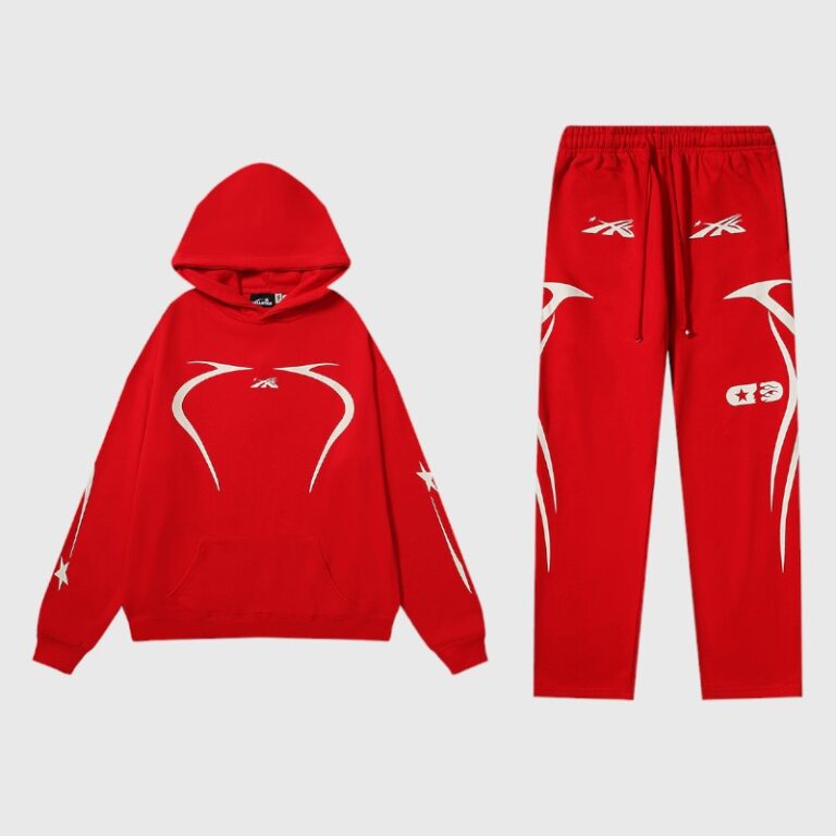 Stylish Hellstar Sports red tracksuit set featuring a comfortable hoodie and matching red pants with white graphics.