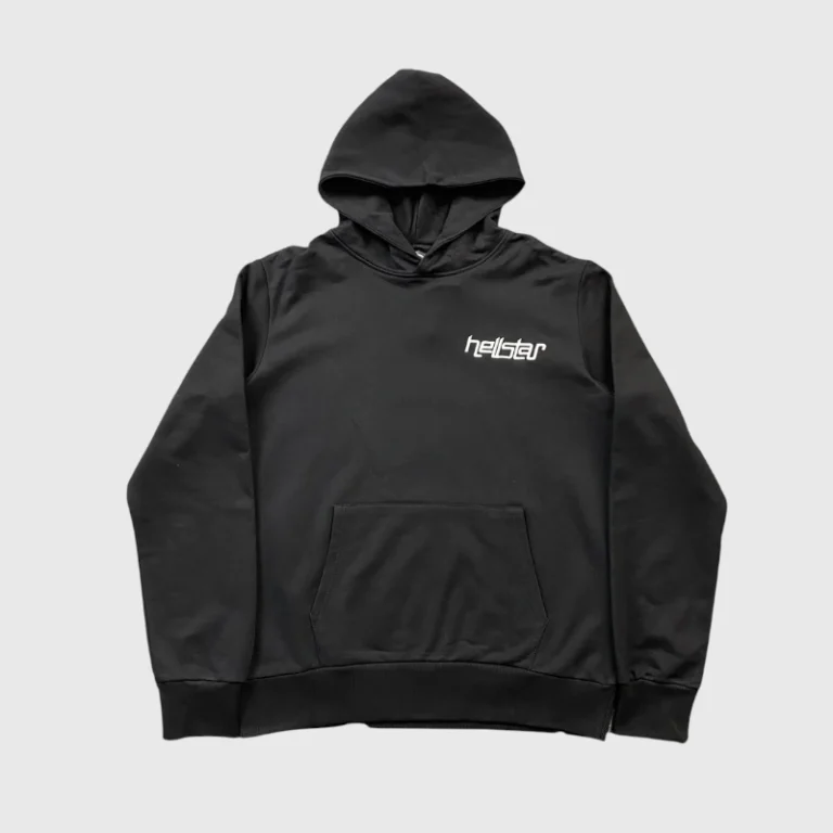 Black Hellstar hoodie with rhinestone logo, crafted from premium heavyweight fleece for a luxury streetwear fit.