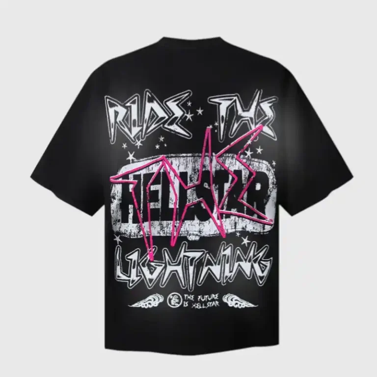 Back view of the Hellstar Ride the Lightning black graphic t-shirt featuring a stylized metal rock design.