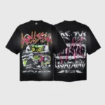 Black Hellstar Ride the Lightning graphic t-shirt shown from the front and back with heavy metal inspired artwork.