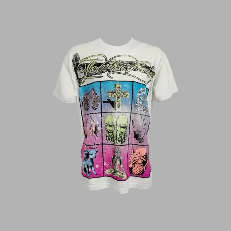 White Hellstar Rush T-shirt featuring a colorful graphic design with a grid of various artistic symbols and images.