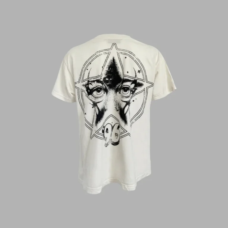 The back view of the white Hellstar Rush t-shirt featuring a detailed black star and eye graphic design print.