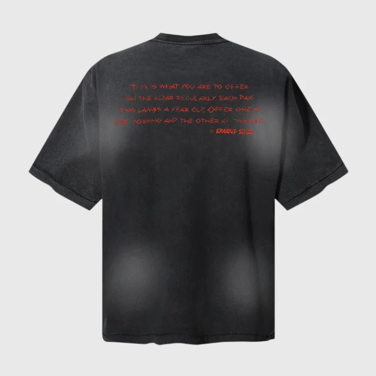 Back view of the black Hellstar Sacrificial Lamb T-shirt featuring red graphic text printed on the back of the garment.