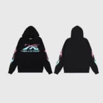 Black Hellstar Sample hoodie with pink and blue graphic logo and flame sleeve details from the front and back view.