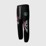Black Hellstar Sample Sweatpants featuring a unique gradient flame graphic and signature brand logo detailing.