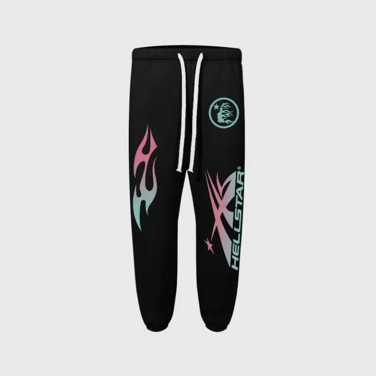 Black Hellstar Sample sweatpants featuring signature flame graphics and a white drawstring waist for a relaxed fit.