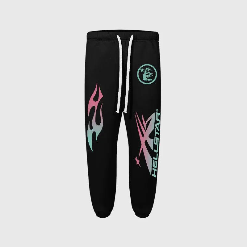 Hellstar Sample Sweatpants Front View Black Hellstar Sample sweatpants featuring signature flame graphics and a white drawstring waist for a relaxed fit.