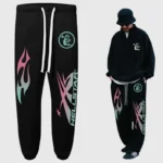 Hellstar Sample Sweatpants featuring bold graphic flame prints and logo branding in a comfortable black unisex design.