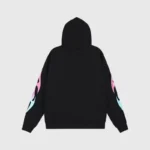 Back view of a black Hellstar Sample tracksuit pullover hoodie featuring vibrant pink and blue flame sleeve graphics.