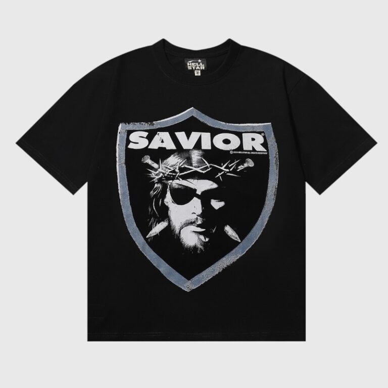 Black Hellstar Saviors T-shirt with a graphic of a savior figure in a crown of thorns and sunglasses inside a shield.