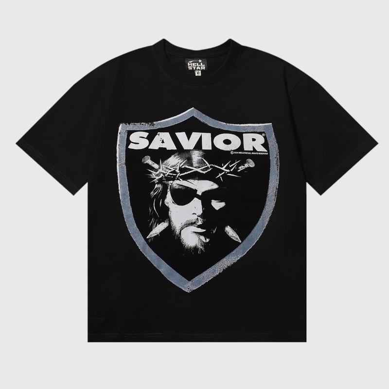 Hellstar Saviors Graphic T Shirt Front View Black Hellstar Saviors T-shirt with a graphic of a savior figure in a crown of thorns and sunglasses inside a shield.