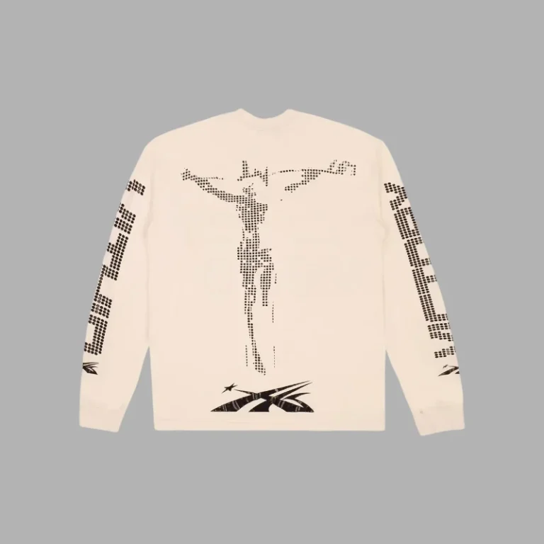 Back view of the cream Hellstar Scoreboard long-sleeve shirt featuring a black graphic of a figure and Reebok branding.