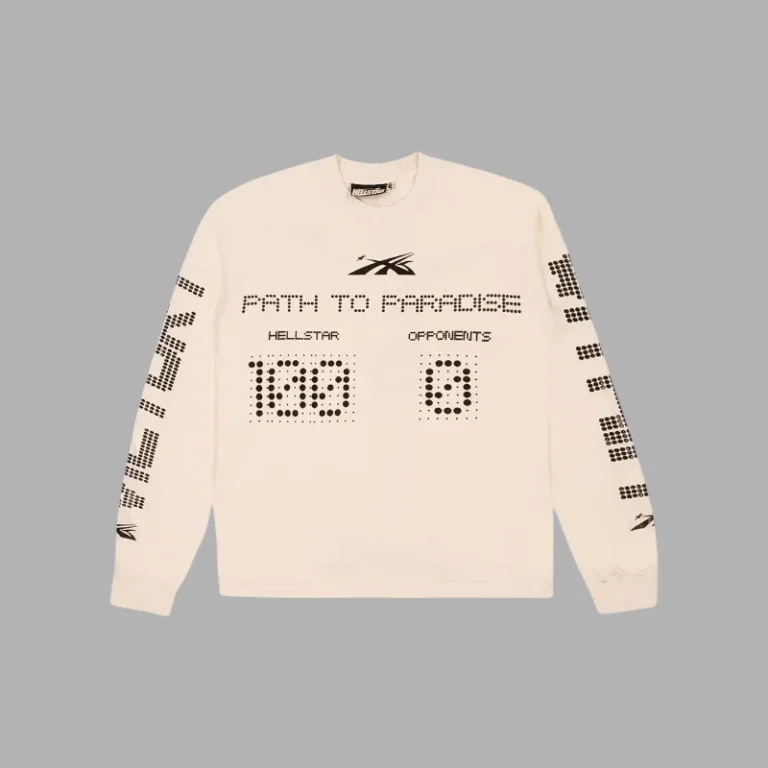 Beige Hellstar Scoreboard long-sleeve shirt featuring Path to Paradise graphic and dot-matrix style scoreboard print