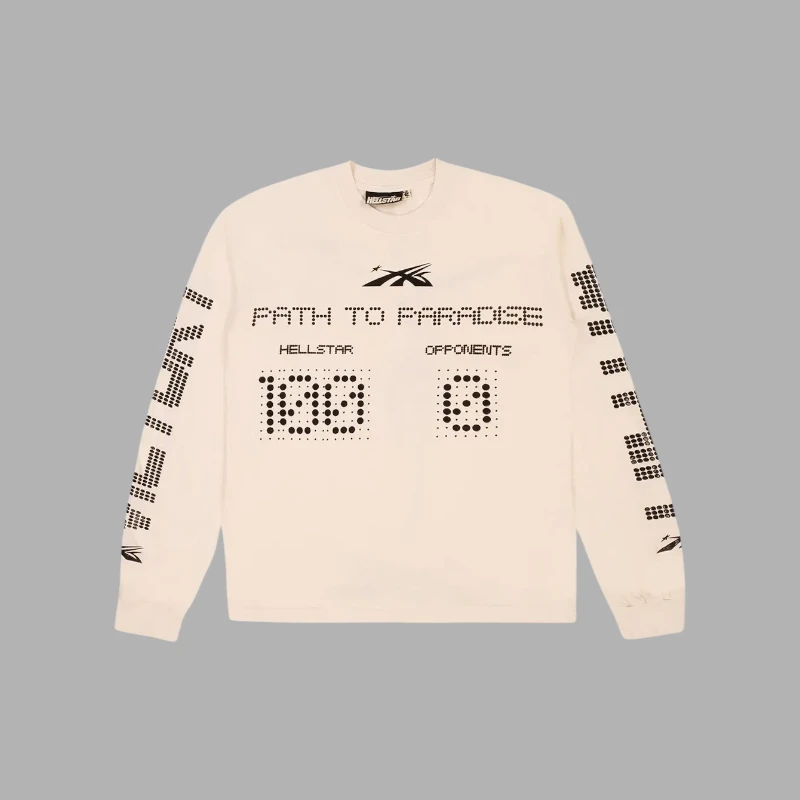 Hellstar Scoreboard Long Sleeve Beige Front View Beige Hellstar Scoreboard long-sleeve shirt featuring Path to Paradise graphic and dot-matrix style scoreboard print