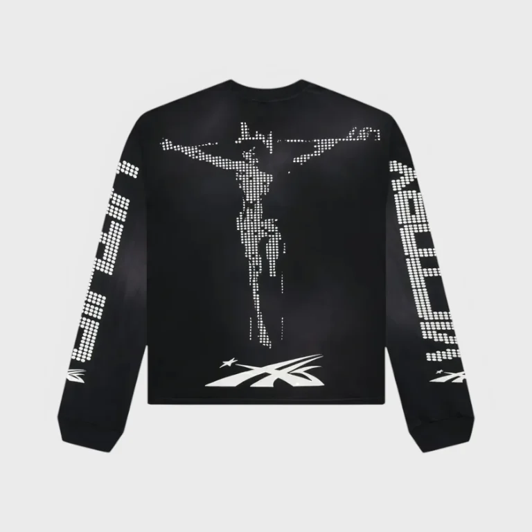 Back view of the black Hellstar Scoreboard long-sleeve sweater featuring a white distressed graphic design print.